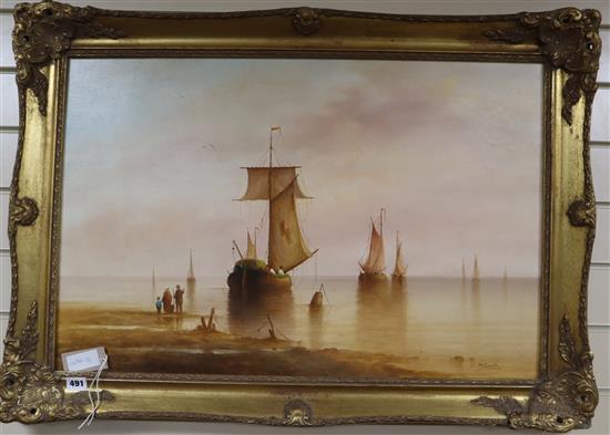 Ronald Cavalla (1940-), oil on canvas, Barges off the coast, signed 50 x 74cm